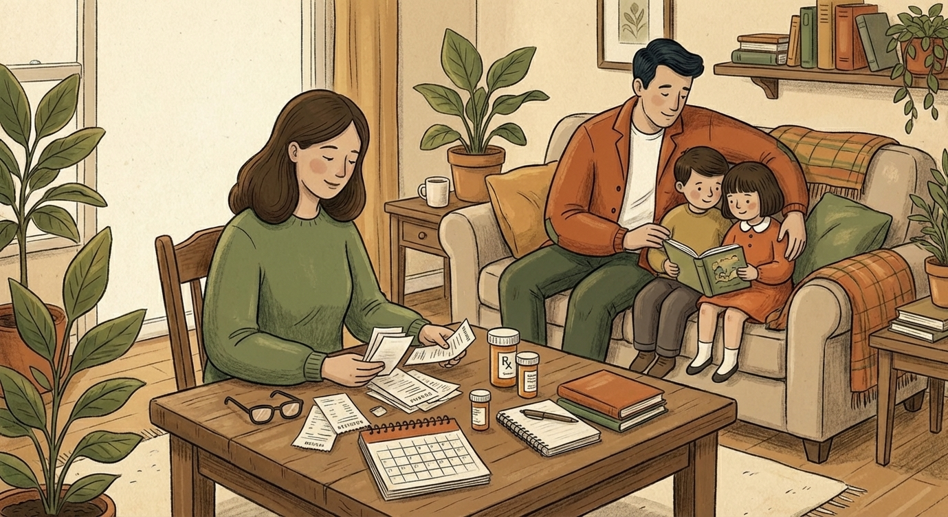 Self-employed person organizing health expenses at home